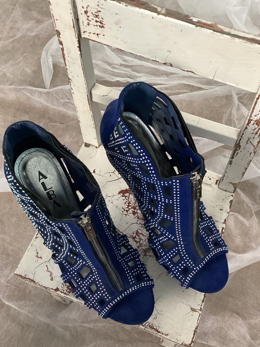 Alba Royal Blue Studded Cutout Zip Peep-Toe Heels